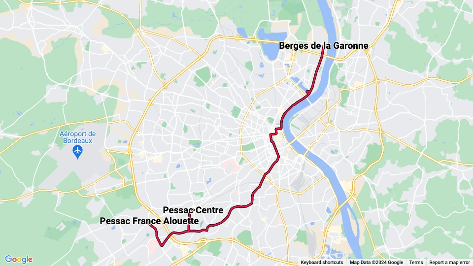 Bordeaux Straßenbahnlinie B: Pessac France Alouette - Berges de la Garonne Linienkarte