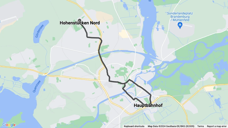 Brandenburg an der Havel Straßenbahnlinie 9: Hauptbahnhof - Hohenstücken Nord Linienkarte