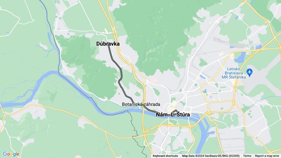 Bratislava Straßenbahnlinie 12: Nám. Ľ. Štúra - Dúbravka Linienkarte
