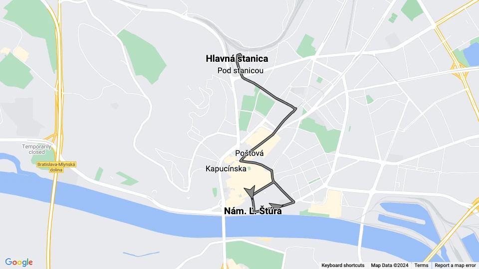 Bratislava Straßenbahnlinie 13: Hlavná stanica - Nám. Ľ. Štúra Linienkarte