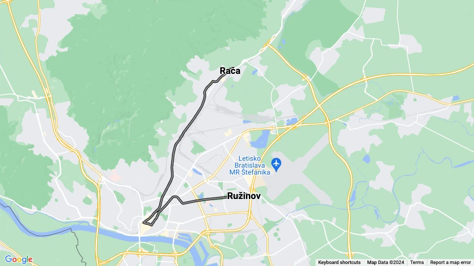Bratislava Straßenbahnlinie 16: Ružinov - Rača Linienkarte
