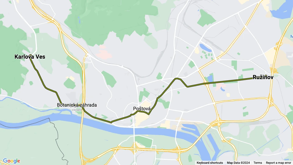 Bratislava Straßenbahnlinie 9: Ružinov - Karlova Ves Linienkarte