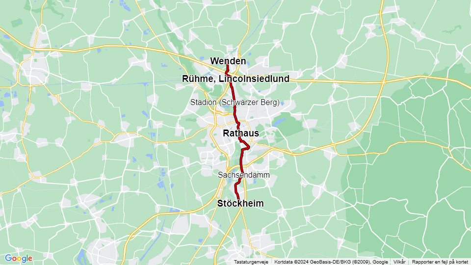 Braunschweig Straßenbahnlinie 1: Stöckheim - Wenden Linienkarte