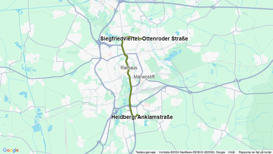 Braunschweig Straßenbahnlinie 2: Heidberg, Anklamstraße - Siegfriedviertel, Ottenroder Straße Linienkarte