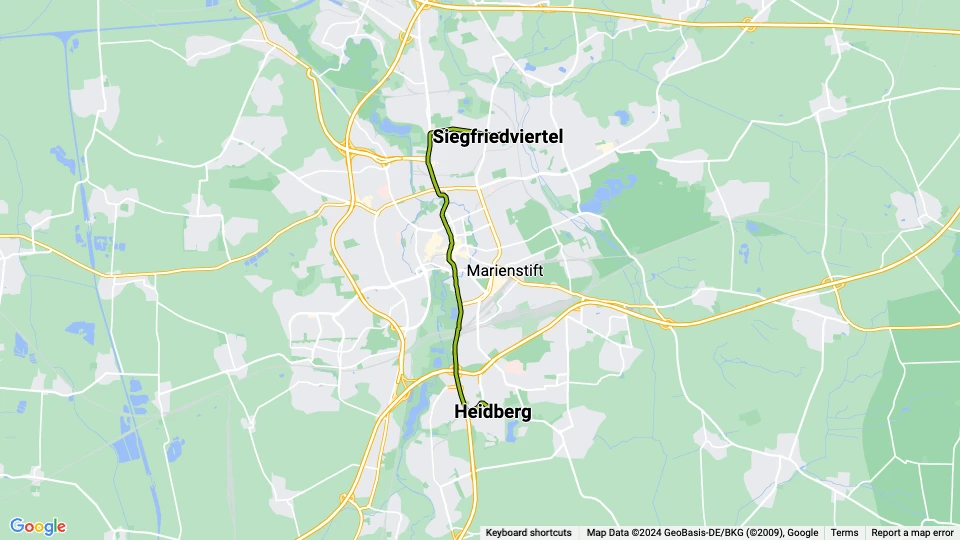 Braunschweig Straßenbahnlinie 2: Heidberg - Siegfriedviertel Linienkarte