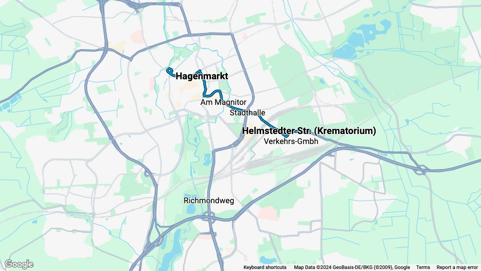 Braunschweig Straßenbahnlinie 4: Helmstedter Str. (Krematorium) - Radeklint Linienkarte