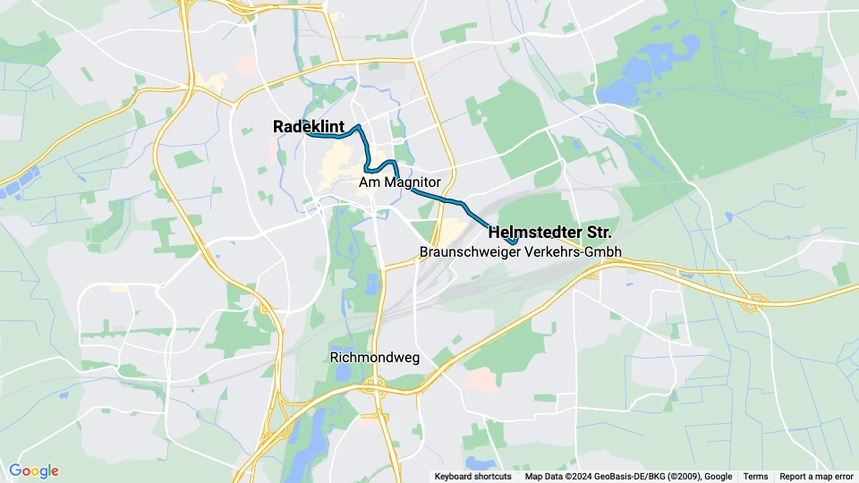 Braunschweig Straßenbahnlinie 4: Helmstedter Str. - Radeklint Linienkarte