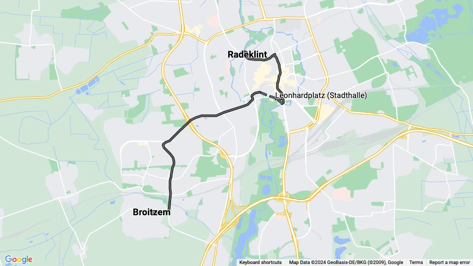 Braunschweig Straßenbahnlinie 9: Radeklint - Broitzem Linienkarte