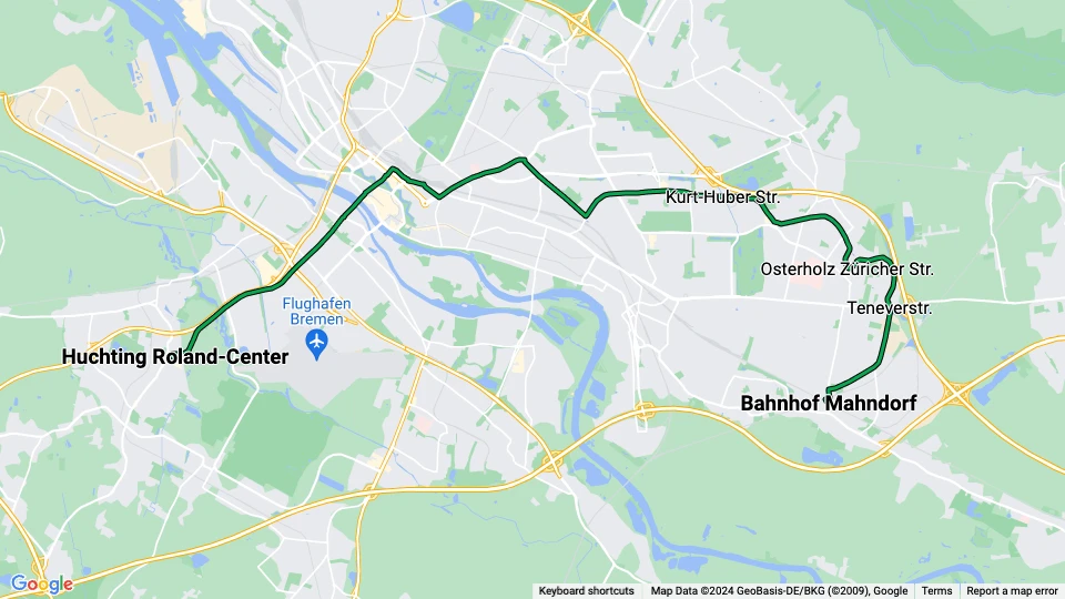 Bremen Straßenbahnlinie 1: Huchting Roland-Center - Bahnhof Mahndorf Linienkarte