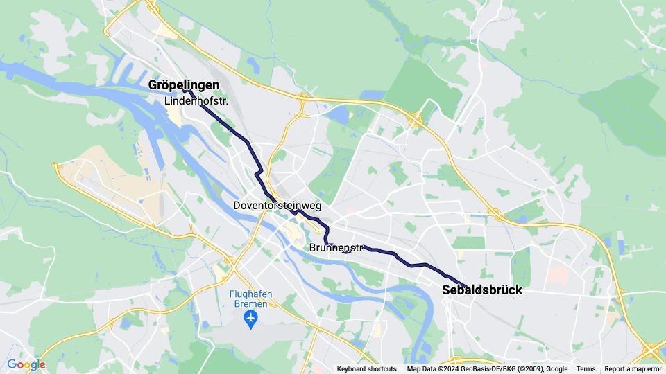 Bremen Straßenbahnlinie 10: Sebaldsbrück - Gröpelingen Linienkarte
