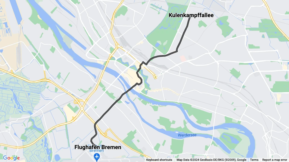 Bremen Straßenbahnlinie 15: Kulenkampffallee - Flughafen Bremen Linienkarte