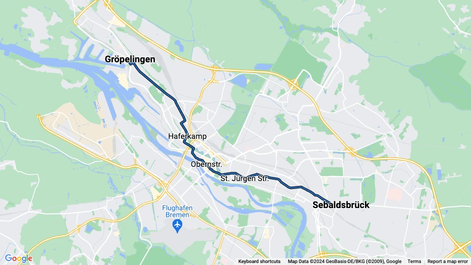 Bremen Straßenbahnlinie 2: Sebaldsbrück - Gröpelingen Linienkarte