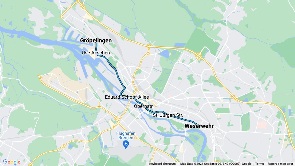 Bremen Straßenbahnlinie 3: Gröpelingen - Weserwehr Linienkarte