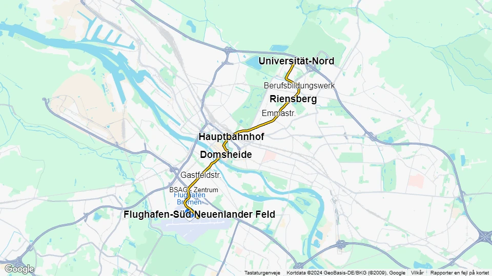 Bremen Straßenbahnlinie 6: Flughafen-Süd Neuenlander Feld - Universität-Nord Linienkarte