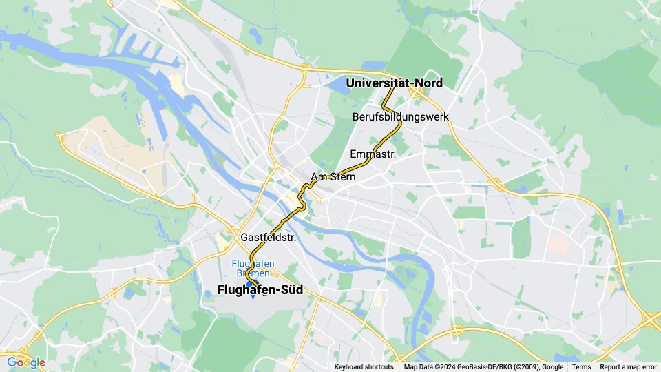 Bremen Straßenbahnlinie 6: Flughafen-Süd - Universität-Nord Linienkarte