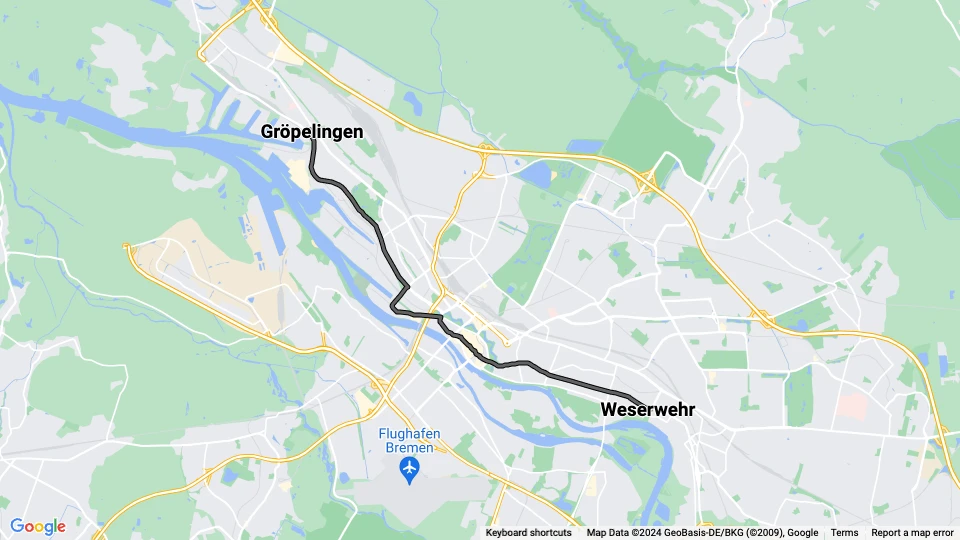 Bremen Zusätzliche Linie 3E: Gröpelingen - Weserwehr Linienkarte