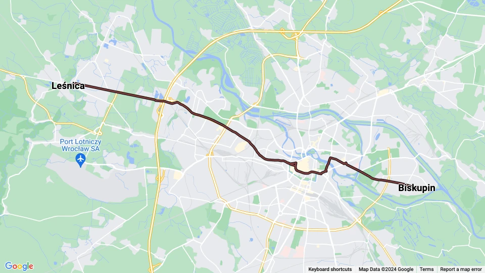 Breslau Straßenbahnlinie 10: Biskupin - Leśnica Linienkarte