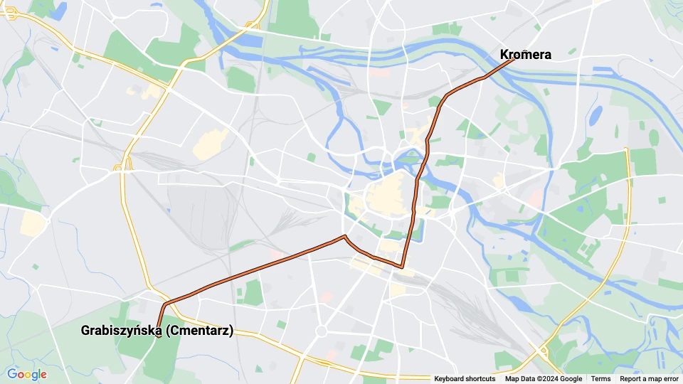 Breslau Straßenbahnlinie 11: Kromera - Grabiszyńska (Cmentarz) Linienkarte