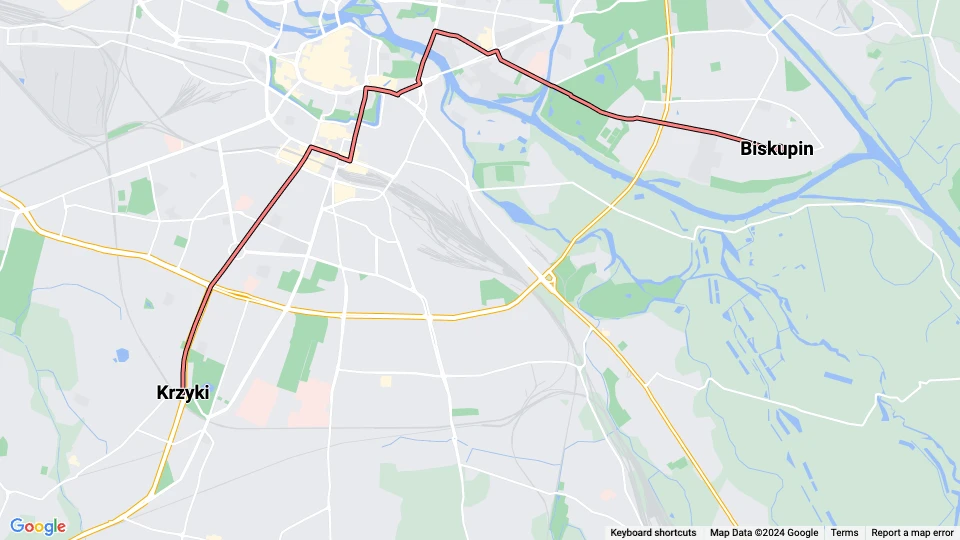 Breslau Straßenbahnlinie 2: Biskupin - Krzyki Linienkarte