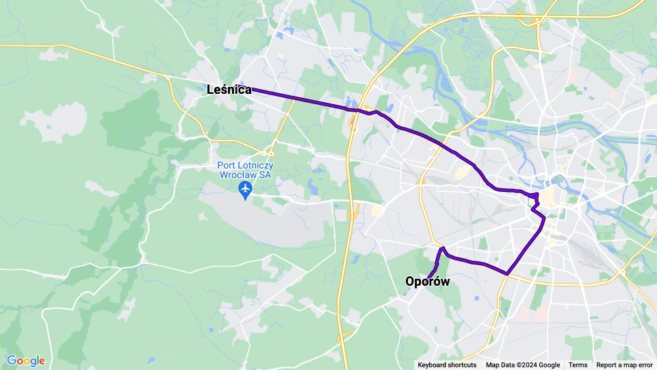 Breslau Straßenbahnlinie 20: Leśnica - Oporów Linienkarte