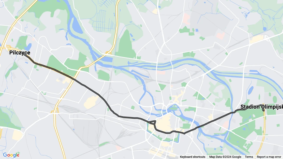 Breslau Straßenbahnlinie 33: Pilczyce - Stadion Olimpijski Linienkarte