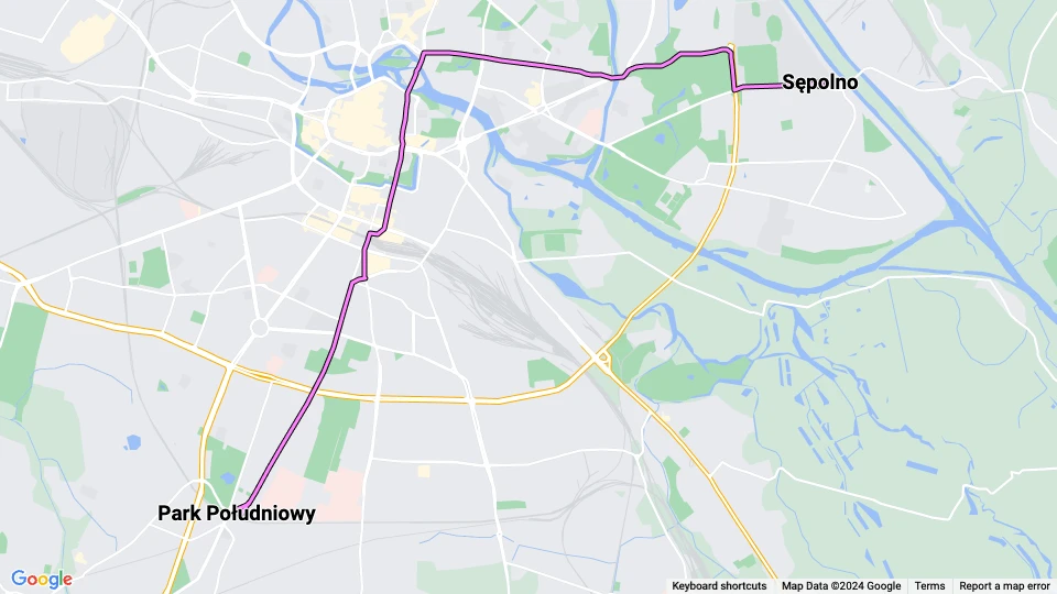 Breslau Straßenbahnlinie 9: Sępolno - Park Południowy Linienkarte