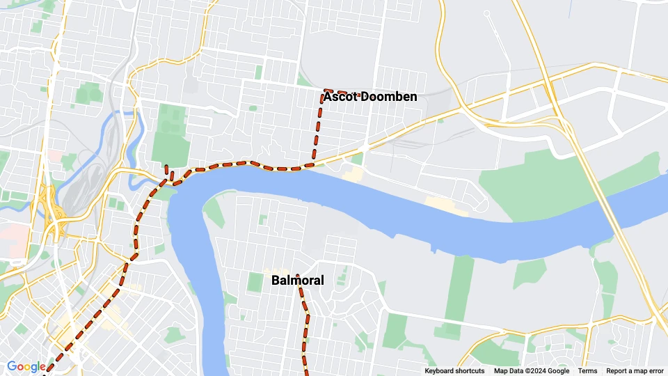 Brisbane Straßenbahnlinie 60: Ascot Doomben - Balmoral Linienkarte