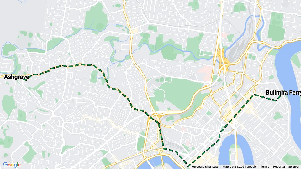 Brisbane Straßenbahnlinie 76: Bulimba Ferry - Ashgrove Linienkarte