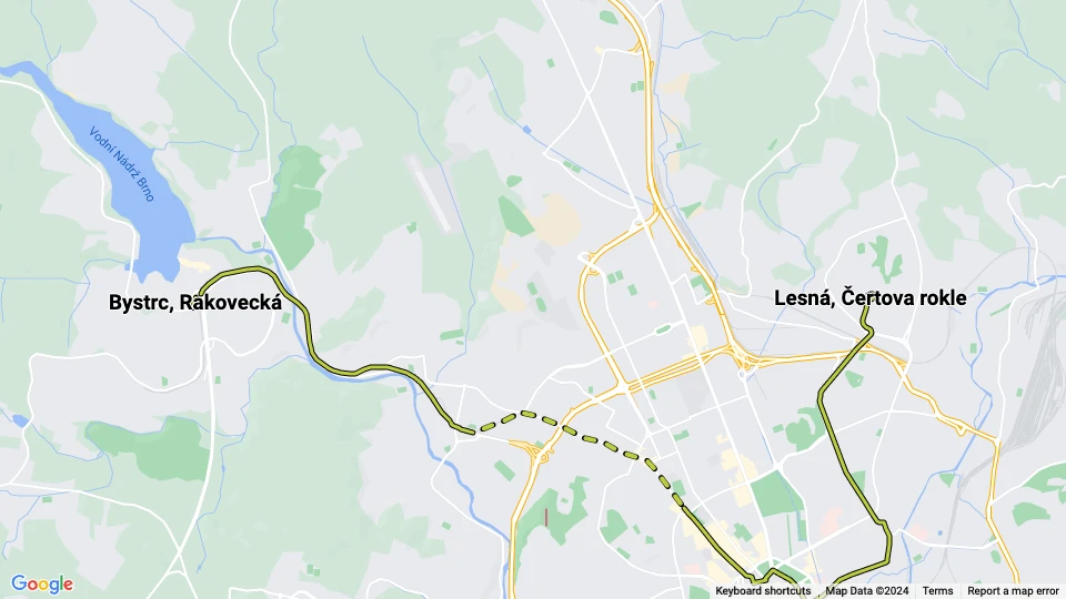 Brünn Straßenbahnlinie 11: Lesná, Čertova rokle - Bystrc, Rakovecká Linienkarte
