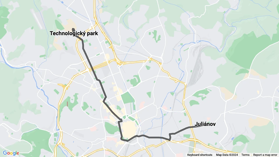 Brünn Straßenbahnlinie 13: Juliánov - Technologický park Linienkarte