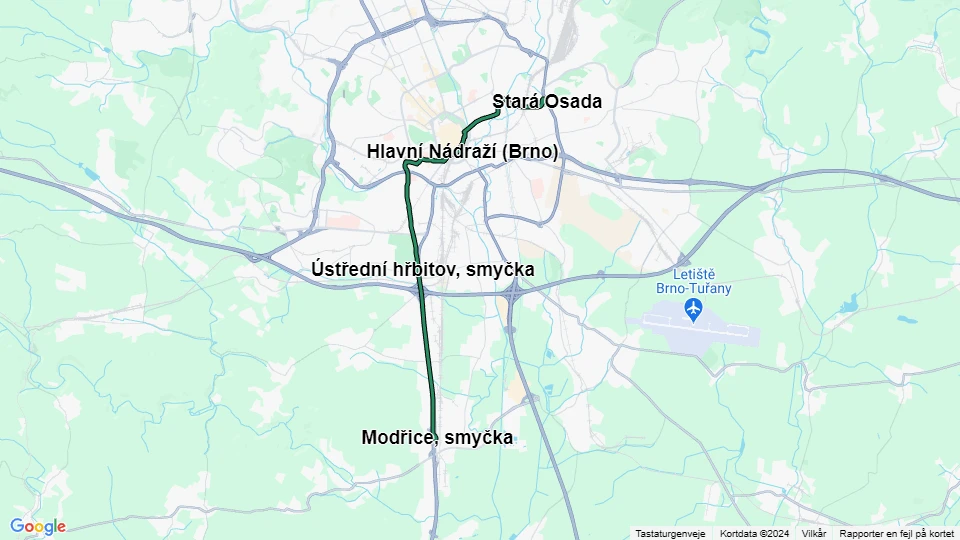 Brünn Straßenbahnlinie 2: Stará Osada - Modřice, smyčka Linienkarte