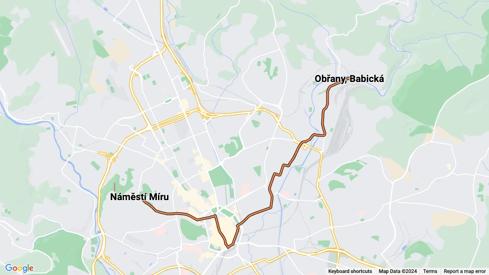 Brünn Straßenbahnlinie 4: Náměstí Míru - Obřany, Babická Linienkarte
