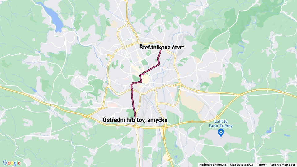 Brünn Straßenbahnlinie 5: Štefánikova čtvrť - Ústřední hřbitov, smyčka Linienkarte