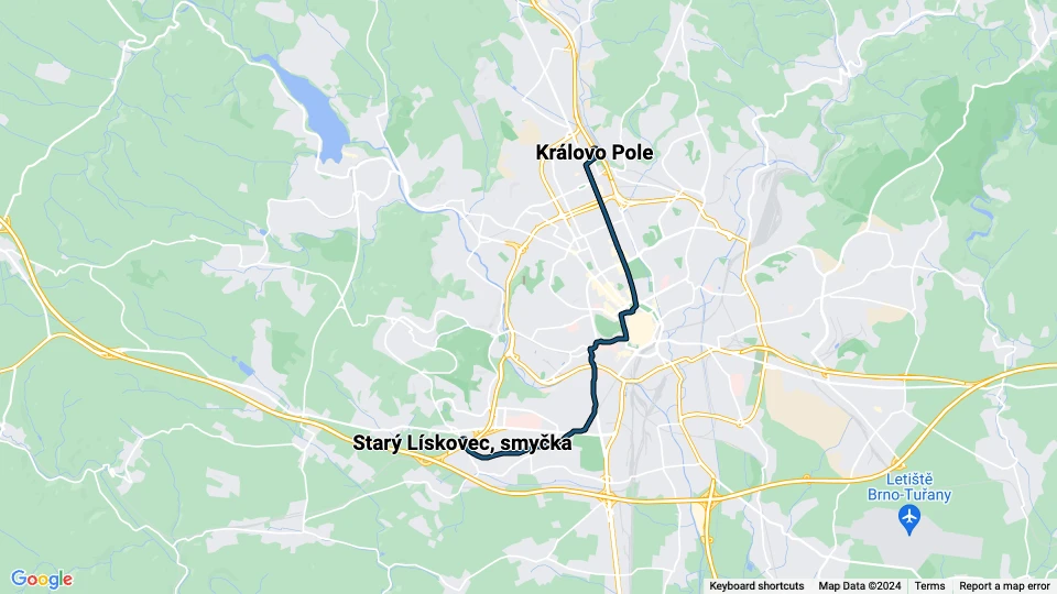 Brünn Straßenbahnlinie 6: Královo Pole - Starý Lískovec, smyčka Linienkarte