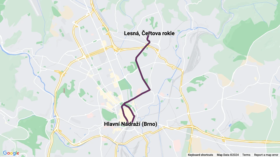 Brünn Straßenbahnlinie 9: Lesná, Čertova rokle - Hlavní Nádraží (Brno) Linienkarte