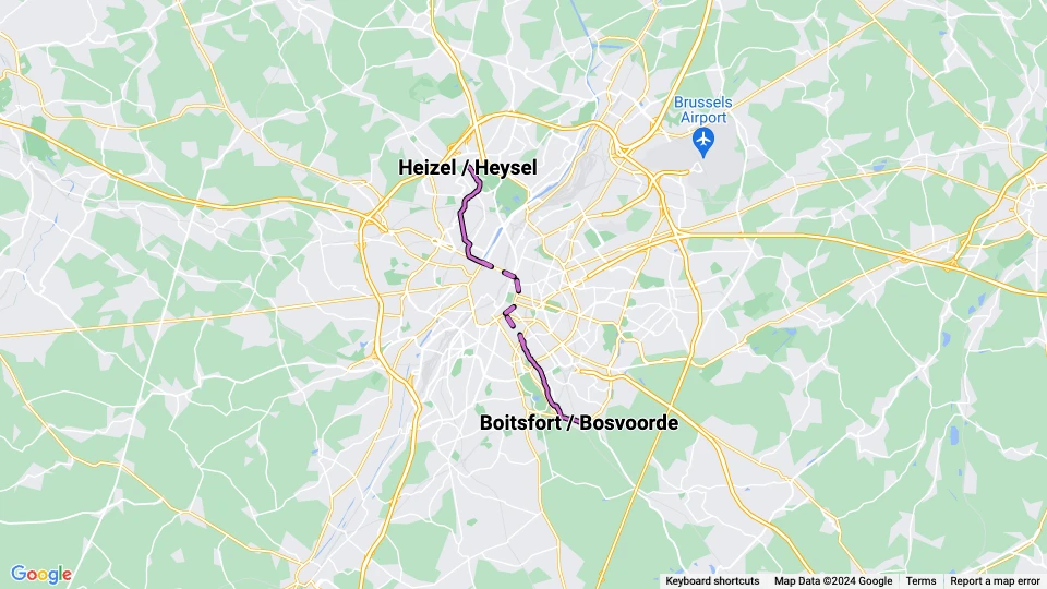 Brüssel Straßenbahnlinie 16: Heizel / Heysel - Boitsfort / Bosvoorde Linienkarte