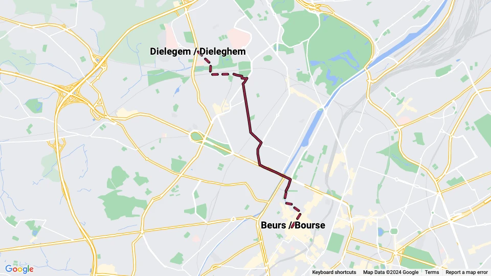 Brüssel Straßenbahnlinie 88: Dielegem / Dieleghem - Beurs / Bourse Linienkarte