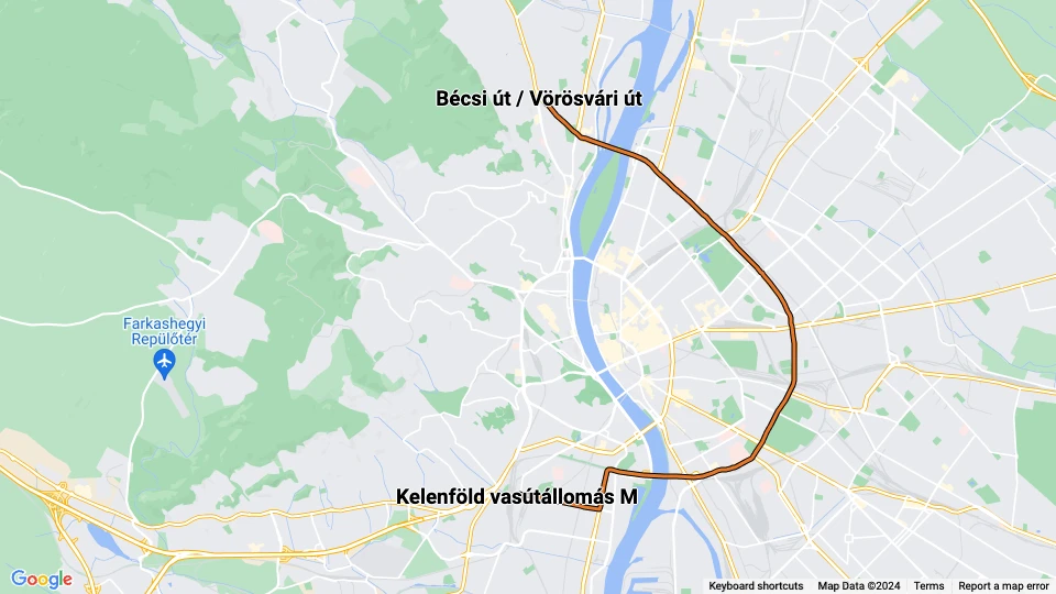 Budapest Straßenbahnlinie 1: Bécsi út / Vörösvári út - Kelenföld vasútállomás M Linienkarte