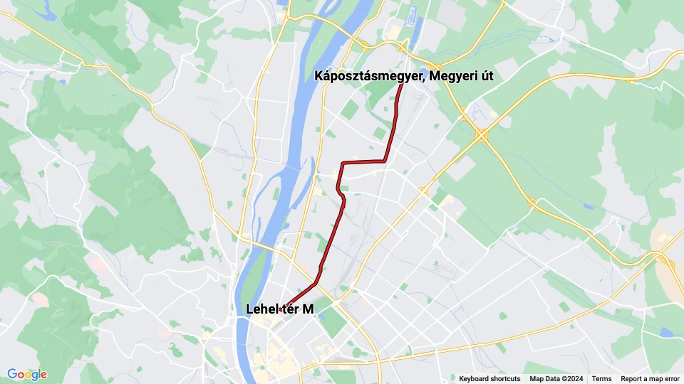Budapest Straßenbahnlinie 14: Lehel tér M - Káposztásmegyer, Megyeri út Linienkarte