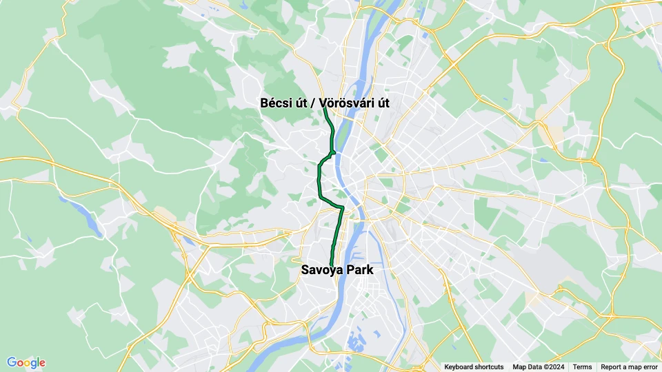 Budapest Straßenbahnlinie 17: Bécsi út / Vörösvári út - Savoya Park Linienkarte