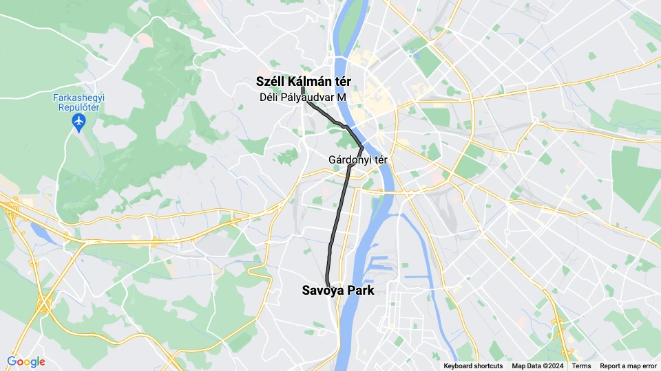 Budapest Straßenbahnlinie 18: Széll Kálmán tér - Savoya Park Linienkarte