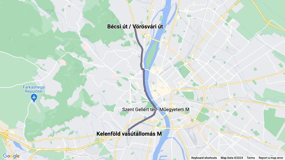 Budapest Straßenbahnlinie 19: Bécsi út / Vörösvári út - Kelenföld vasútállomás M Linienkarte