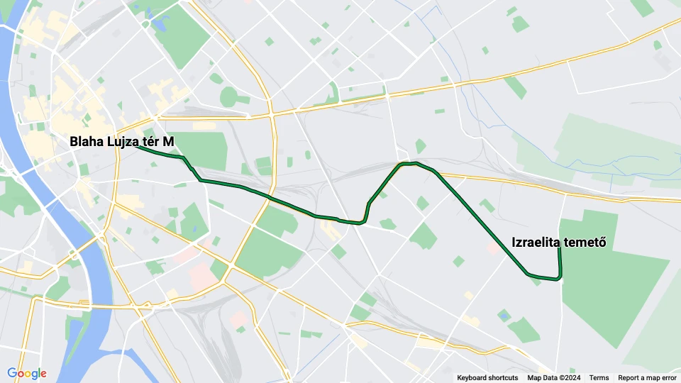 Budapest Straßenbahnlinie 28: Blaha Lujza tér M - Izraelita temető Linienkarte