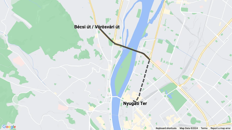 Budapest Straßenbahnlinie 33: Bécsi út / Vörösvári út - Nyugati Ter Linienkarte