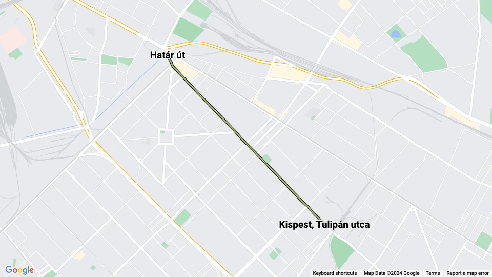 Budapest Straßenbahnlinie 42: Határ út - Kispest, Tulipán utca Linienkarte