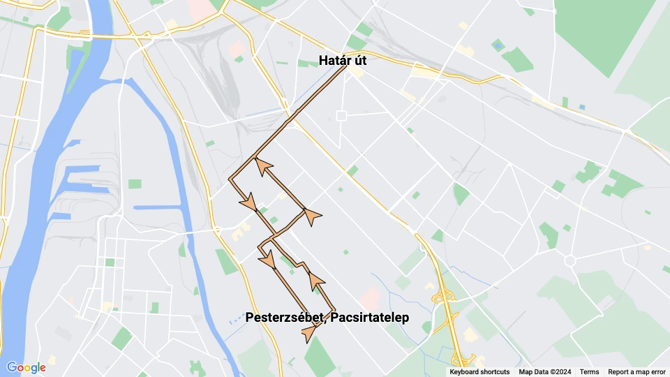 Budapest Straßenbahnlinie 52: Határ út - Pesterzsébet, Pacsirtatelep Linienkarte