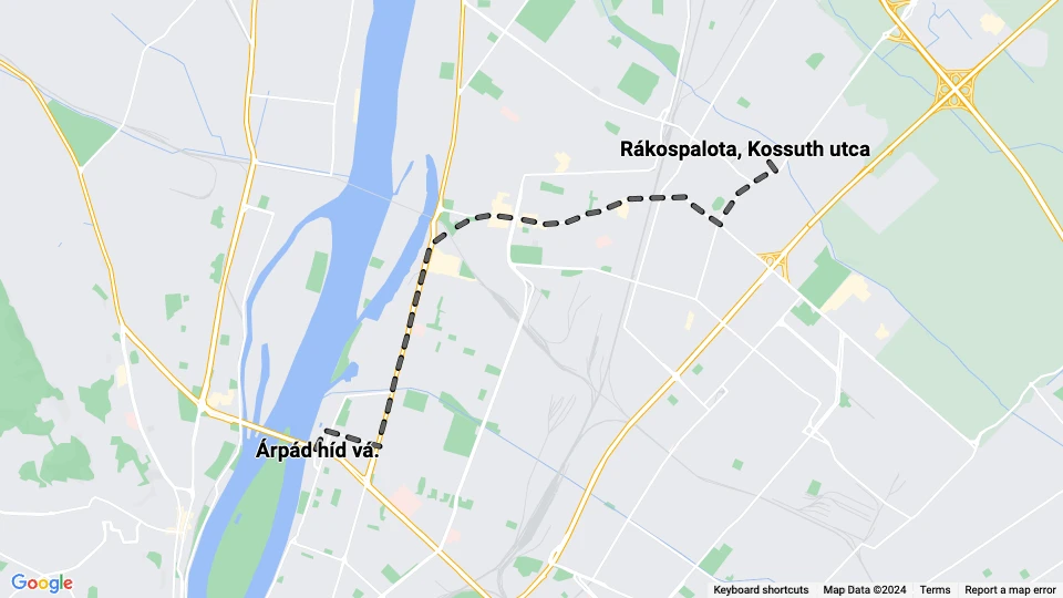 Budapest Straßenbahnlinie 55: Árpád híd vá. - Rákospalota, Kossuth utca Linienkarte