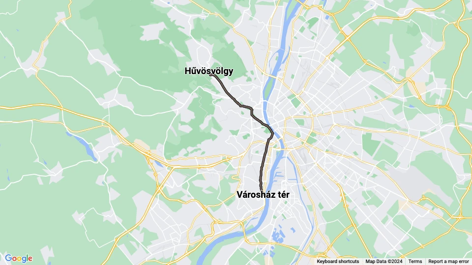 Budapest Straßenbahnlinie 56: Városház tér - Hűvösvölgy Linienkarte