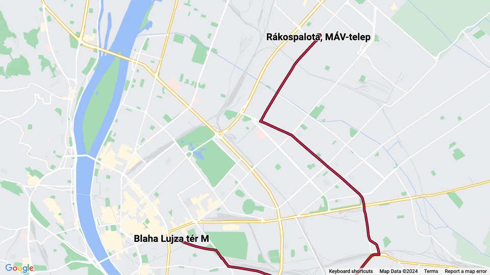 Budapest Straßenbahnlinie 62: Rákospalota, MÁV-telep - Blaha Lujza tér M Linienkarte