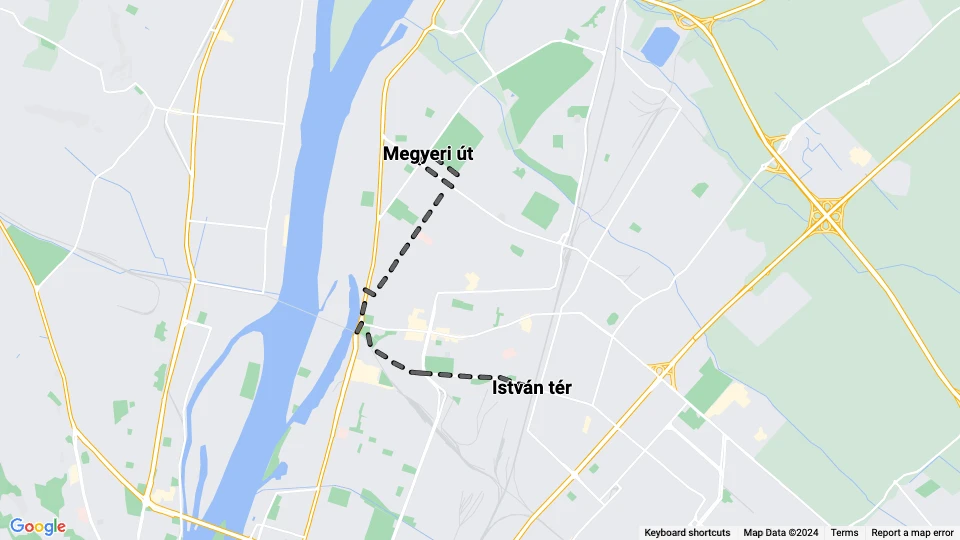Budapest Straßenbahnlinie 8: István tér - Megyeri út Linienkarte